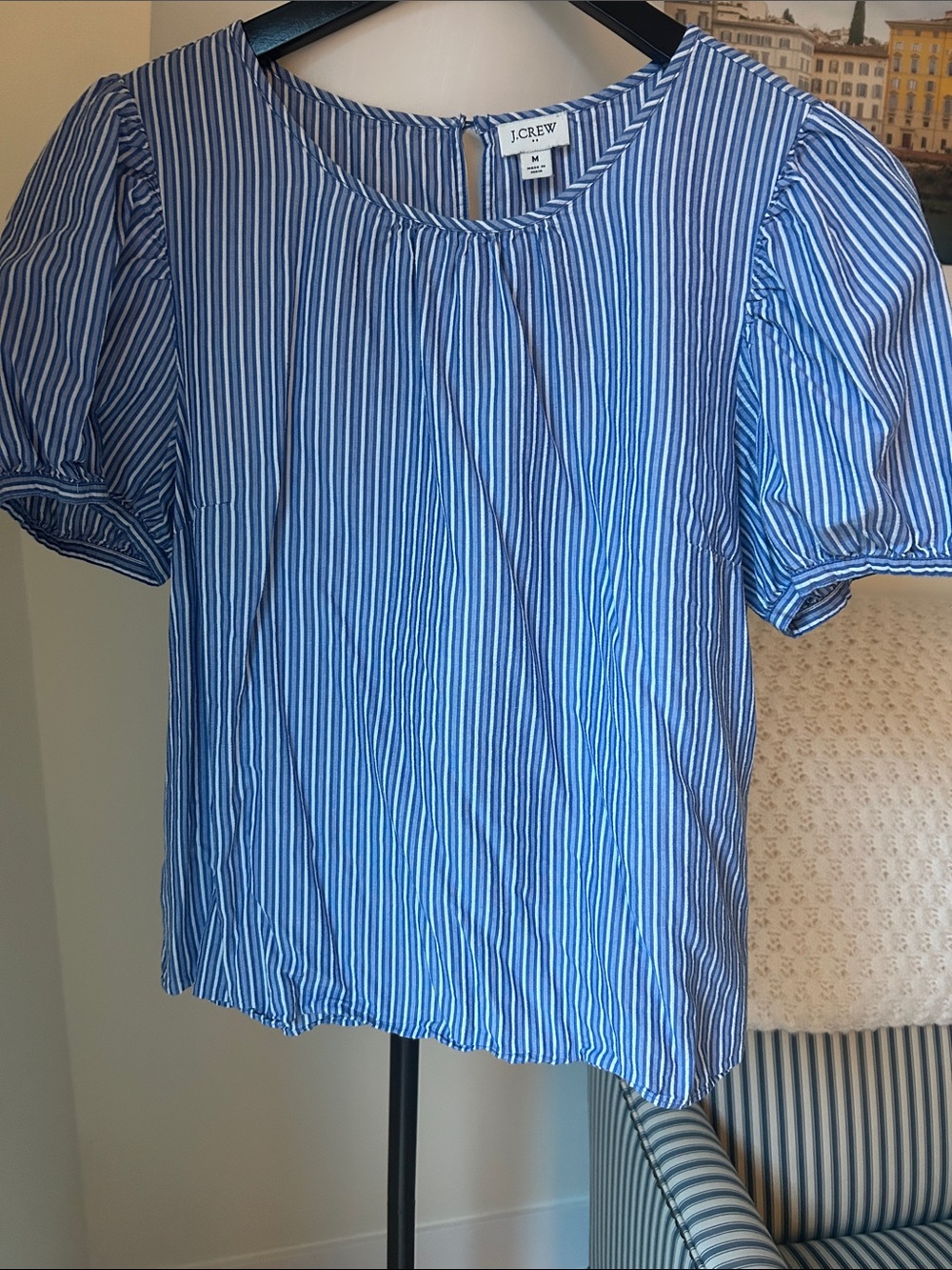 J. Crew Blue and White Vertical Stripe Puff Sleeve Blouse